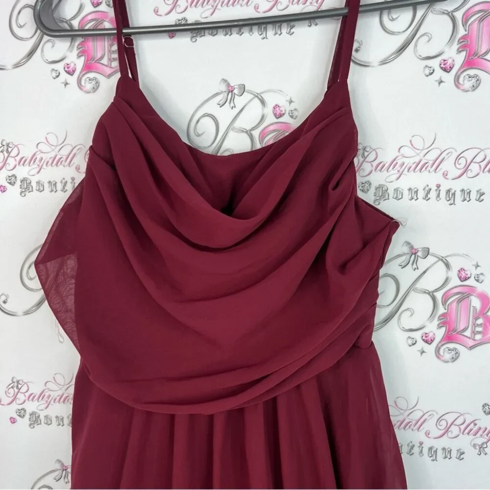 Qq fashion dress ruffle detail wine red Burgundy Evening Gown